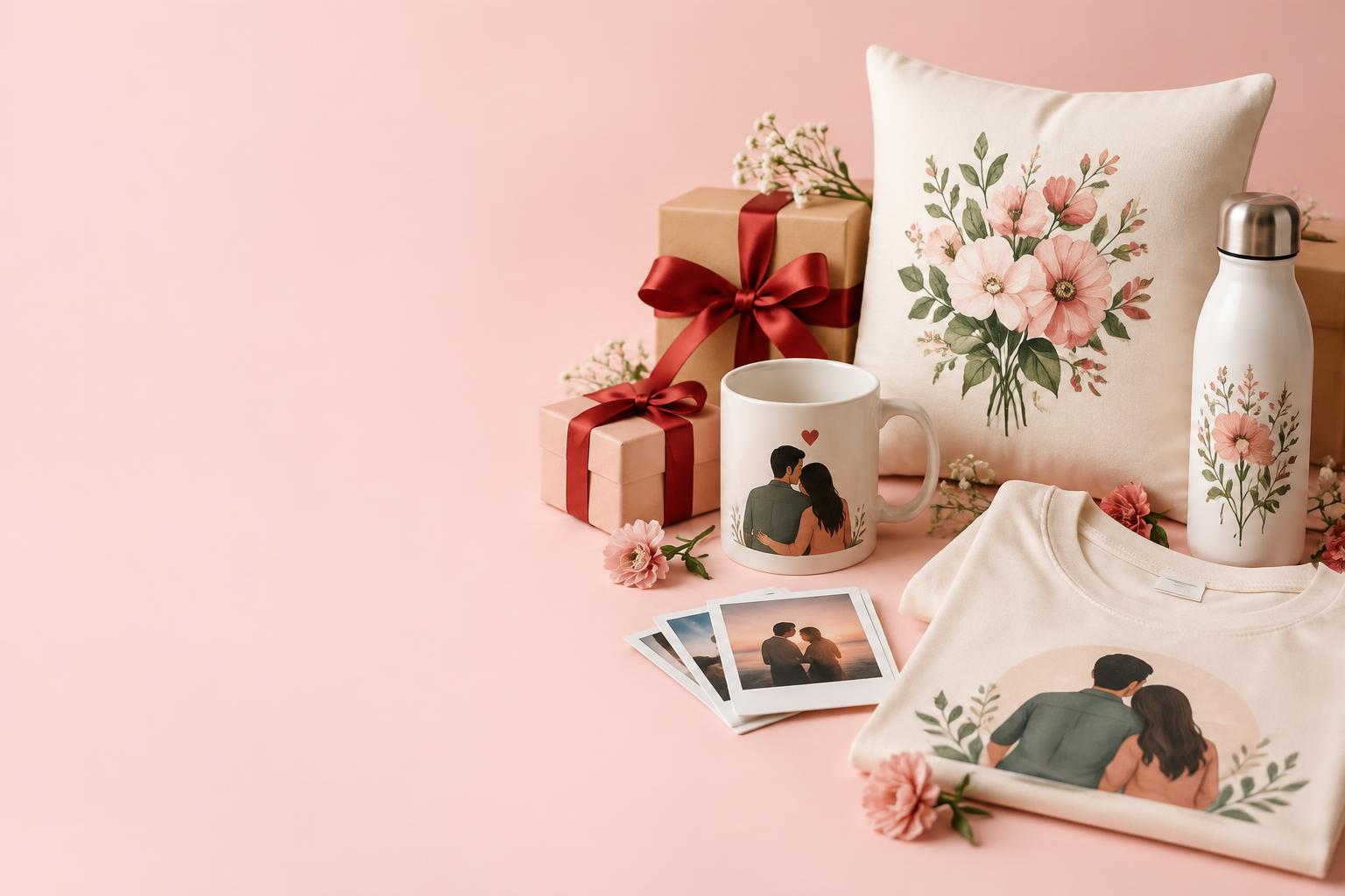 Personalized photo mug, floral pillow, sipper, T-shirt and memories tied with red ribbons